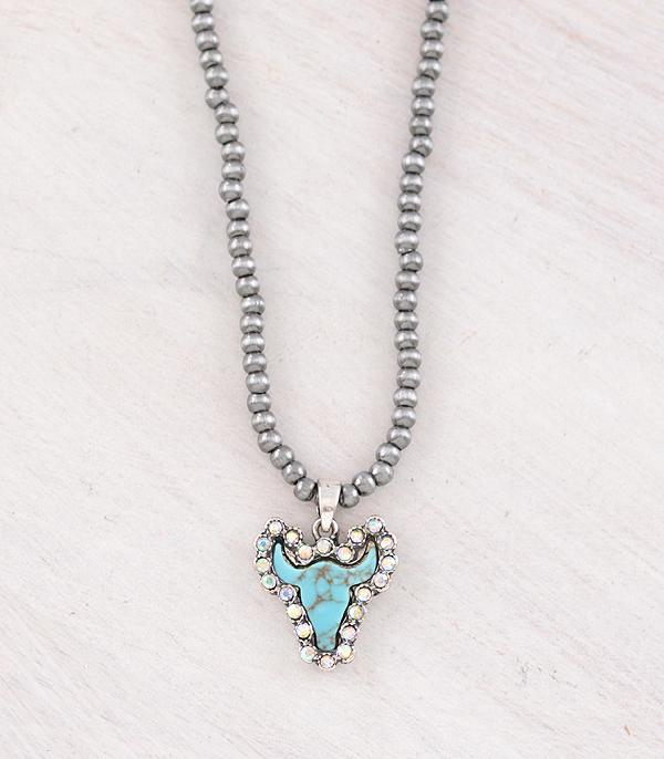 New Arrival :: Wholesale Western Turquoise Cow Skull Necklace