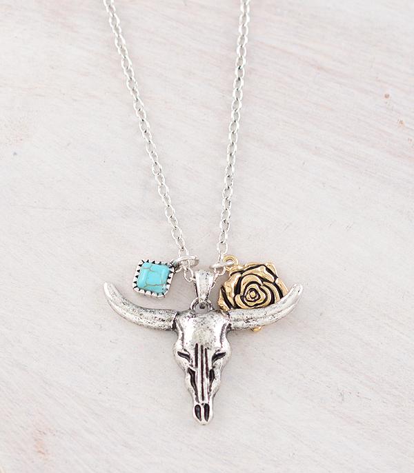 New Arrival :: Wholesale Western Rose Cow Skull Necklace