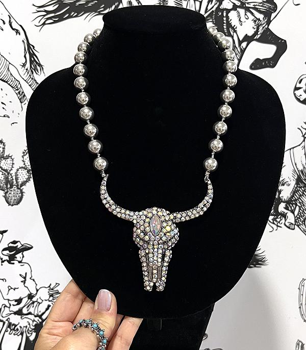 New Arrival :: Wholesale Western Rhinestone Cow Skull Necklace
