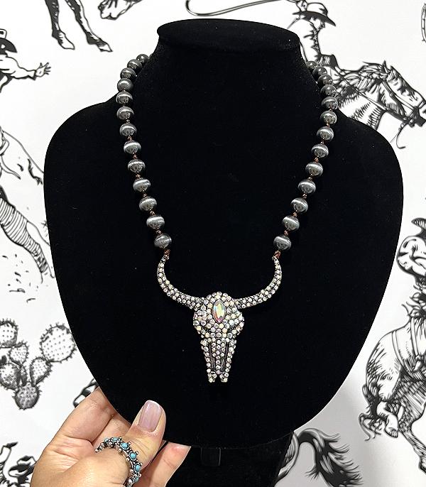 New Arrival :: Wholesale Western Rhinestone Cow Skull Necklace