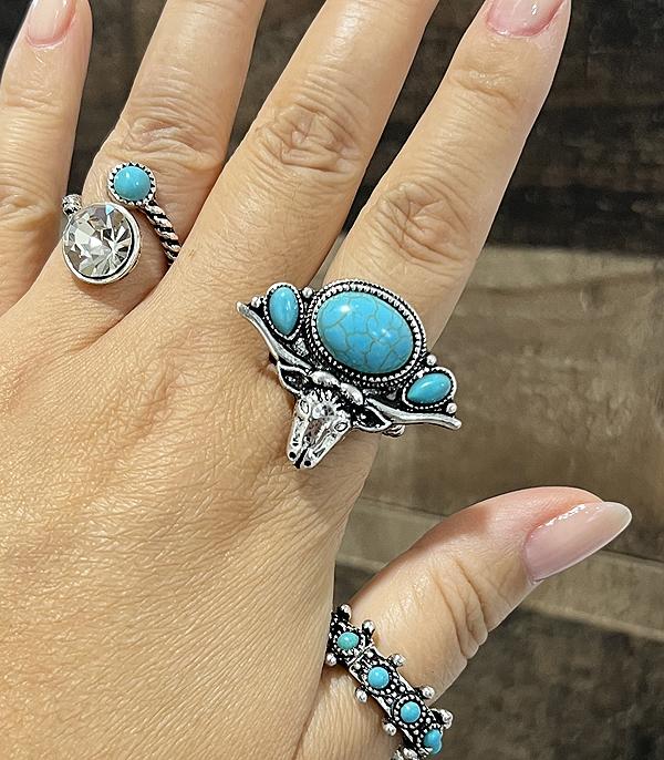 New Arrival :: Wholesale Western Turquoise Cow Skull Ring