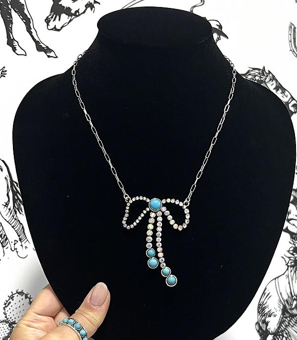 New Arrival :: Wholesale Western Turquoise Rhinestone Bow Necklac