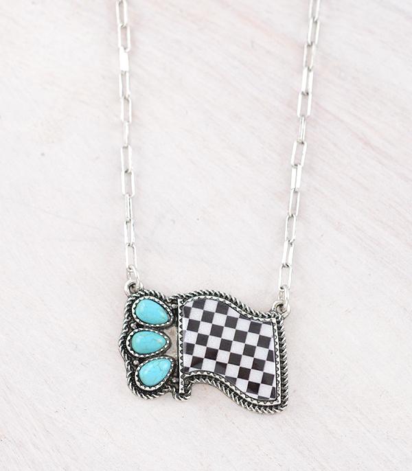 New Arrival :: Wholesale Turquoise Checkered Race Flag Necklace