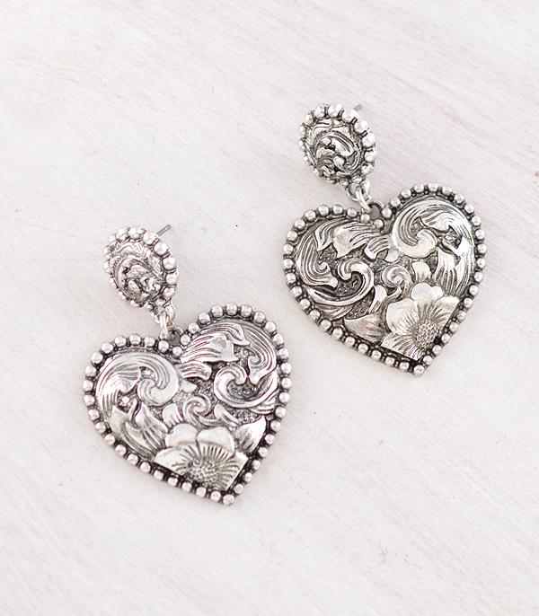 New Arrival :: Wholesale Western Floral Tooling Heart Earrings