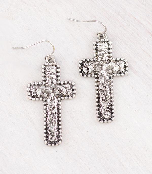 New Arrival :: Wholesale Western Floral Tooling Cross Earrings