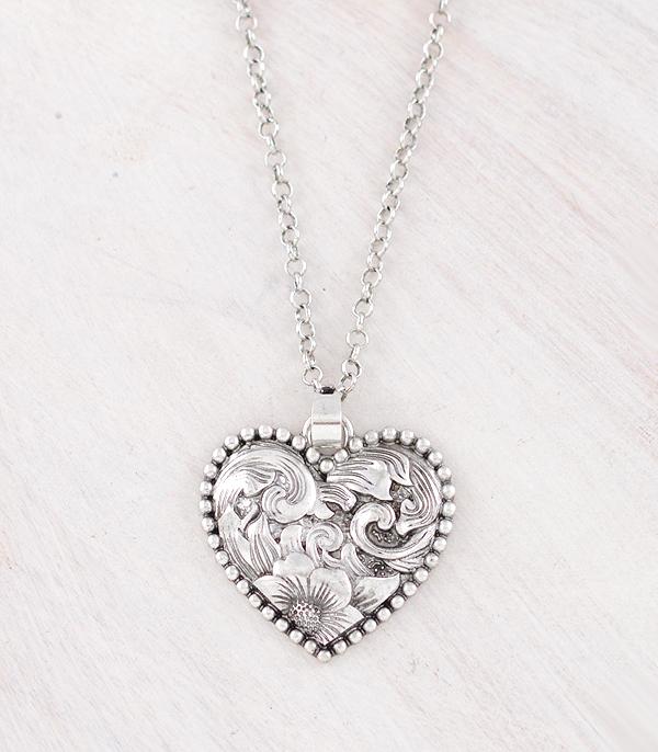 New Arrival :: Wholesale Western Floral Tooling Heart Necklace