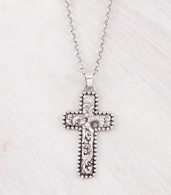 New Arrival :: Wholesale Western Floral Tooling Cross Necklace