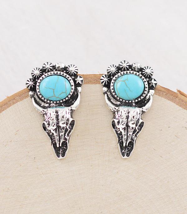 EARRINGS :: WESTERN POST EARRINGS :: Wholesale Tipi Brand Turquoise Cow Skull Earrings