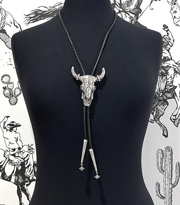NECKLACES :: WESTERN LONG NECKLACES :: Wholesale Western Cow Skull Bolo Necklace