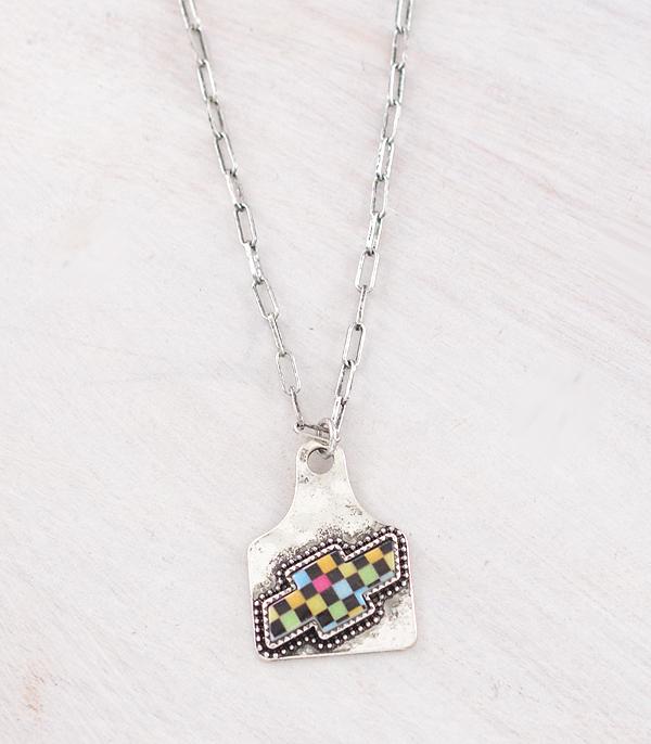 New Arrival :: Wholesale Western Checkered Cattle Tag Necklace
