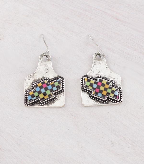 EARRINGS :: WESTERN HOOK EARRINGS :: Wholesale Western Checkered Cattle Tag Earrings