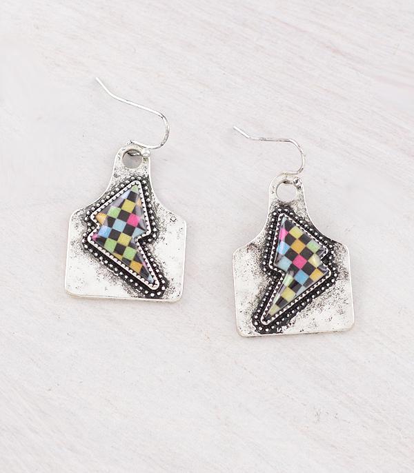 EARRINGS :: WESTERN HOOK EARRINGS :: Wholesale Western Checkered Bolt Tag Earrings