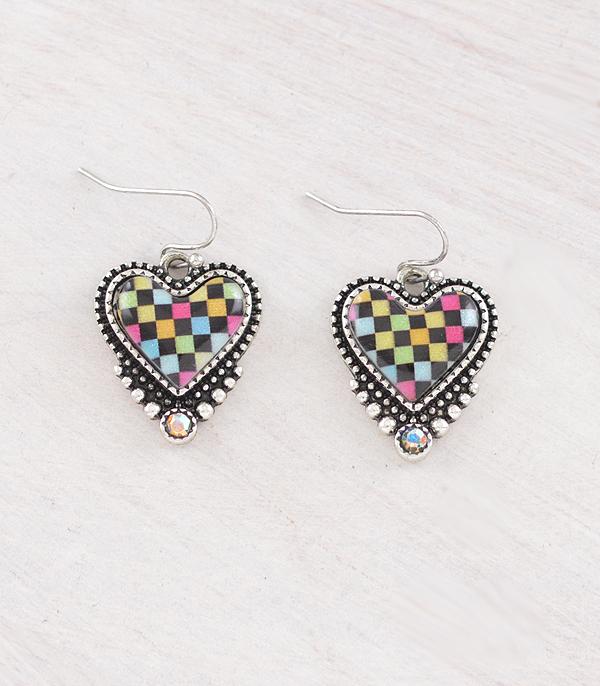 EARRINGS :: WESTERN HOOK EARRINGS :: Wholesale Western Checkered Heart Earrings