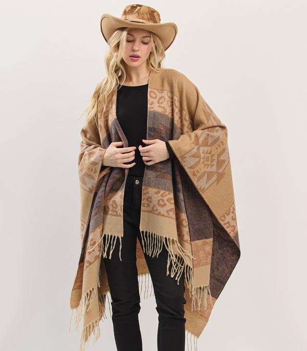 New Arrival :: Wholesale Aztec Leopard Print Fringe Ruana