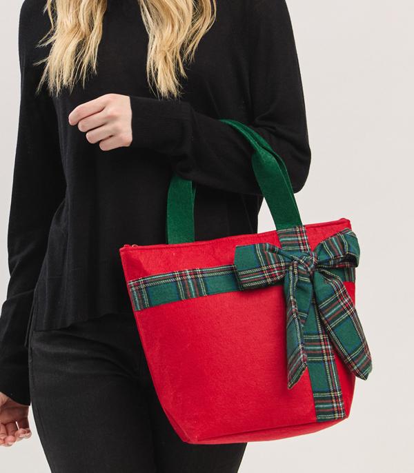 New Arrival :: Wholesale Christmas Color Plaid Bow Tote Bag