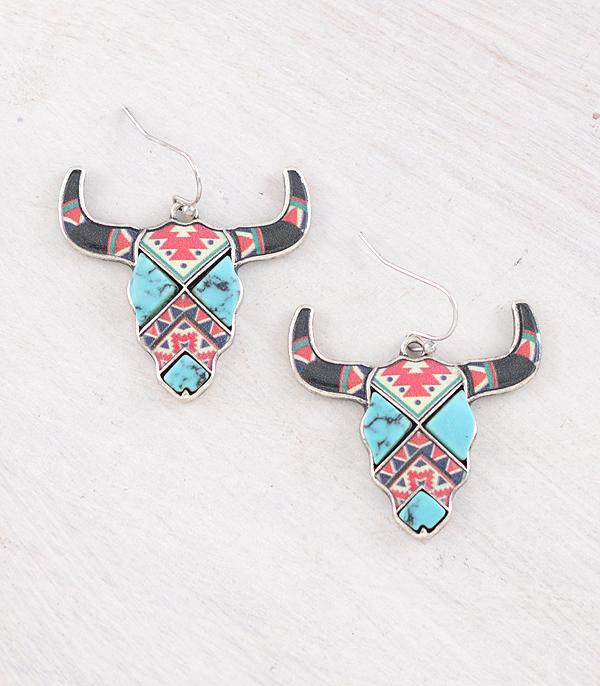 New Arrival :: Wholesale Western Aztec Steer Skull Earrings