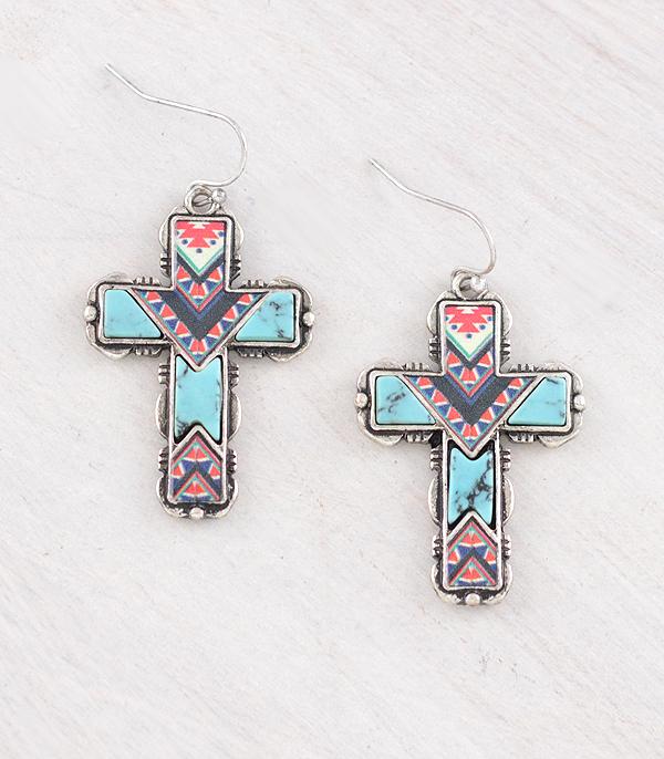 New Arrival :: Wholesale Western Aztec Turquoise Cross Earrings
