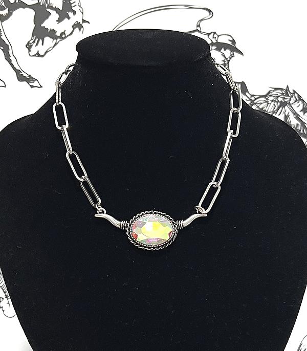 New Arrival :: Wholesale Western AB Stone Cow Skull Necklace