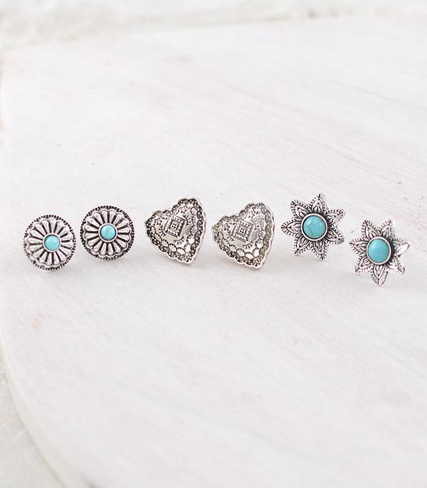 EARRINGS :: WESTERN POST EARRINGS :: Wholesale Western 3PC Set Concho Earrings