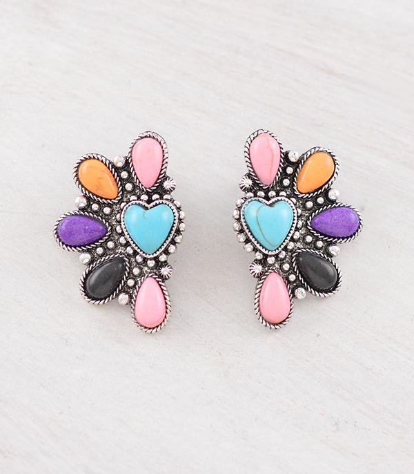 EARRINGS :: WESTERN POST EARRINGS :: Wholesale Western Multicolor Stone Heart Earrings