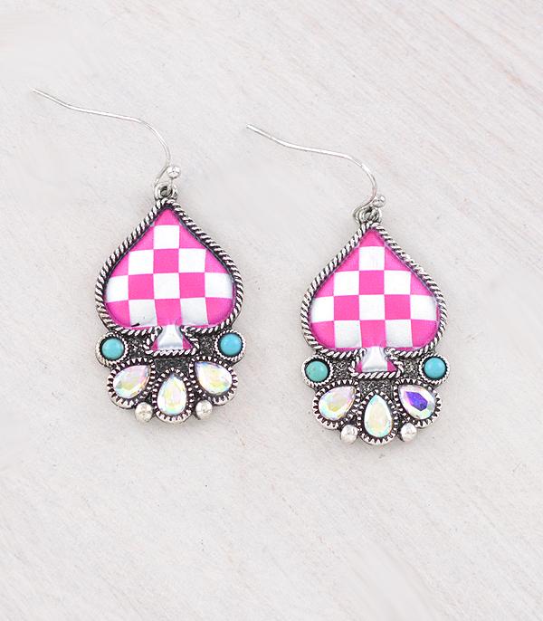 EARRINGS :: WESTERN HOOK EARRINGS :: Wholesale Western Checkered Ace of Spade Earrings