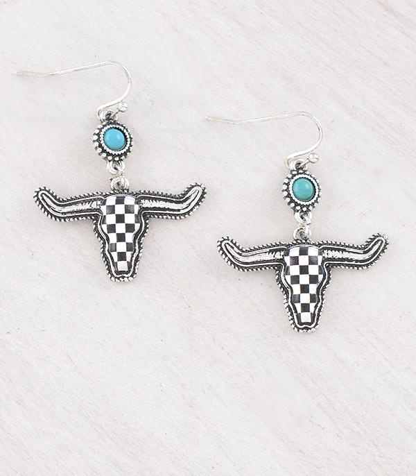 EARRINGS :: WESTERN HOOK EARRINGS :: Wholesale Western Checkered Cow Skull Earrings