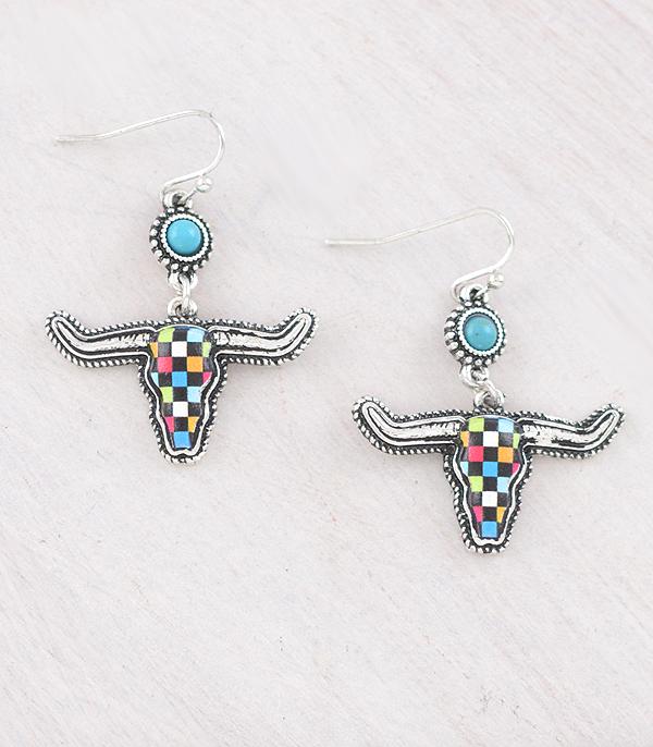 EARRINGS :: WESTERN HOOK EARRINGS :: Wholesale Western Checkered Cow Skull Earrings