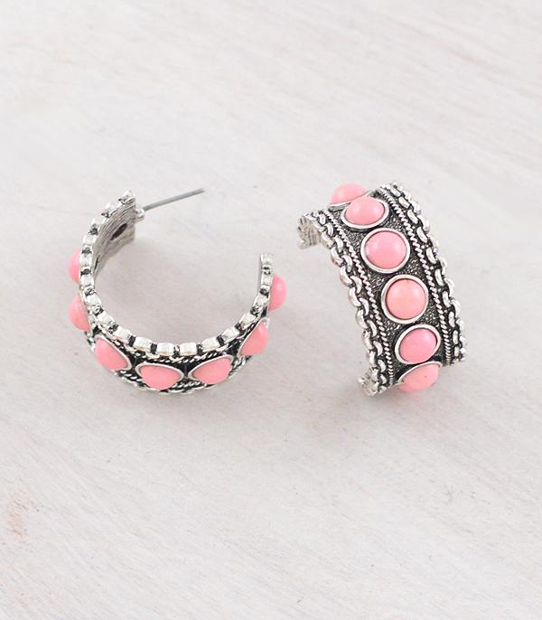 EARRINGS :: HOOP EARRINGS :: Wholesale Western Pink Stone Hoop Earrings